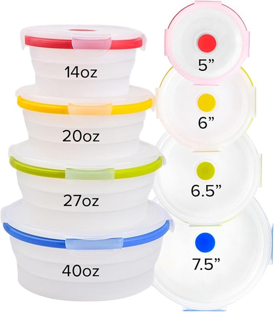 Collapsible Silicone Food Storage Containers, BPA Free, Microwave, Freezer and Dishwasher Safe, Lunch, Meal Prep, Travel, Space-Saving
