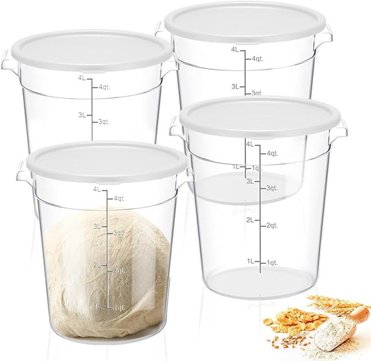 Suclain 4 Pcs 4 Qt Food Storage Container Bucket with Lids Clear Proofing Containers for Dough Rise Bread with Scale Handle Round Flour Commercial Storage Bucket for Home Restaurant Food