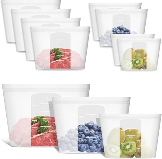 Reusable Storage Bag, 8 Pack 100% Silicone Food Storage Bags Stand Up Silicone Zip Lock Bags for Food Container, Freezer Microwave Oven Dishwasher Safe, 4 Large 2 Medium 2 Small, Translucent
