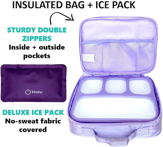kinsho Bento-Box with Lunch Bag and Ice Pack Set. Containers for Kids Girls Adults Snacks and Lunches. 4 Compartments, Leakproof Portion Container Boxes Insulated Bags for School, Purple