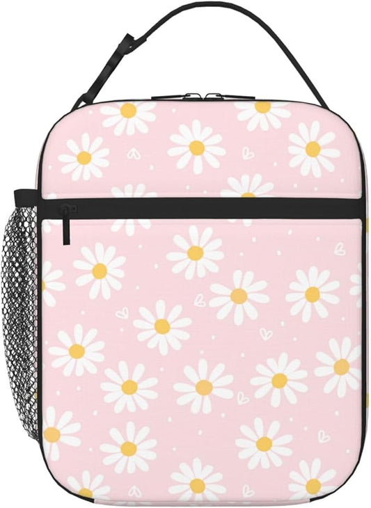 Pink Daisy Flower Insulated Lunch Bag Kids,Kids Lunch Box for Girls Boys,Bento Lunch Box Cooler Bag with Front Pocket for Women Men,Cute Lunch Tote Bag Lunchbox for Work/Office/School/Picnic