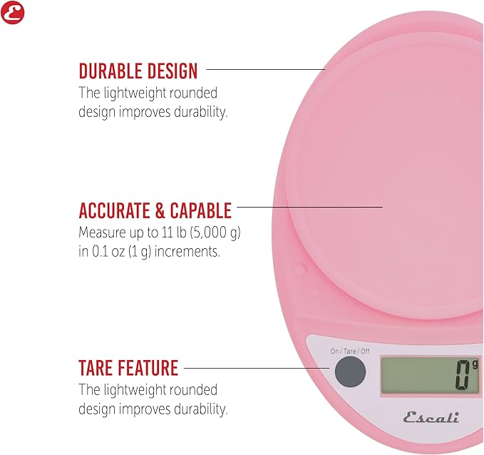 Escali Primo Digital Food Scale Multi-Functional Kitchen Scale and Baking Scale for Precise Weight Measuring and Portion Control, 8.5 x 6 x 1.5 inches, Soft Pink