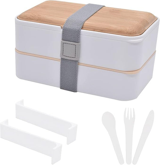 1200ML Bento Boxes, Japanese Lunch Boxes, 2 Stackable Food Containers,for Adults, Men&Women, with Nylon Sealing Strap,Built-In Reusable Cutlery,BPA Free,Bamboo Lid,Microwave Safe (WHITE)