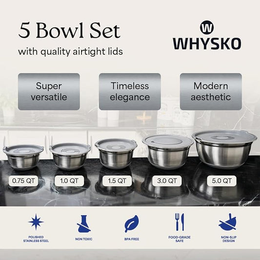 WHYSKO® Stainless Steel Mixing Bowls With Lids Plus Stainless Steel Whisk, Potato Masher and Grater Lids, 5 Nesting Mixing Bowls And Kitchen Tools for Meal Prep, Cooking, Baking, Serving, Food Storage