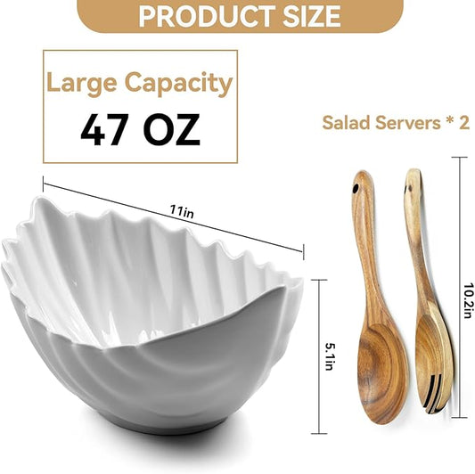 Large Salad Bowl Set, Salad Mixing Bowl for Kitchen, White Ceramic Bowl Set with Wood Salad Servers Serving Bowl for Soup, Pasta, Fruit Housewarming Mother's Day gift
