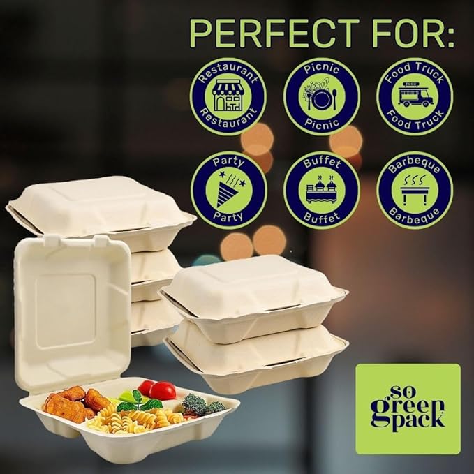 50 Packs Disposable 8x8 Clamshell with 3 Compartments Take-Out Container Compostable Biodegradable Bagasse & Eco-friendly To Go Container for Food