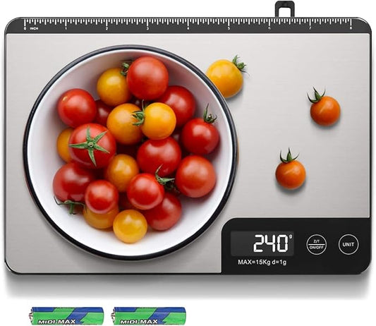 MAX 33lb Kitchen Scale with Measure Length(8inch), Food Scales Digital Weight Grams and Oz with Shrink Hook, 6 Units, Tare Function, High Precision to 1g/0.1oz for Baking and Cooking