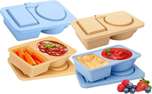 4Pcs Silicone Reusable Snack Containers, 2-Compartment Dipping Containers with Lid,For refrigerated, outdoor takeout, portion controlled snack sauce containers (2 Yellow+2 Blue,4Pcs)