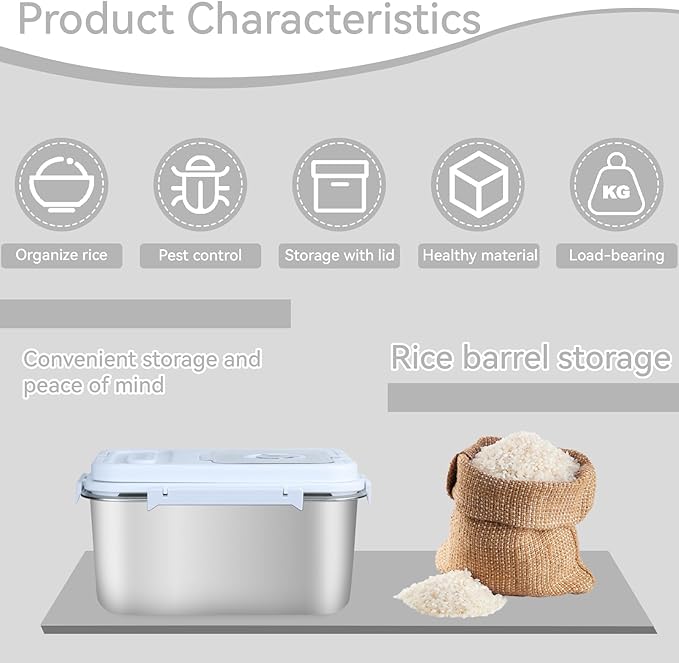 20lbs Stainless Steel Flour Storage Bin Airtight Rice Storage Container Metal Cereal Grain Dry Food Storage Boxes for Kitchen Countertop Pantry, Silver