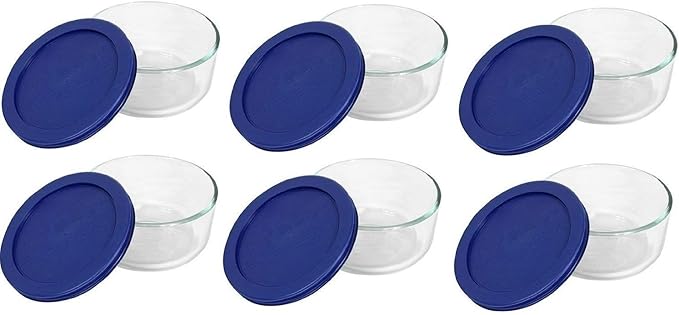 Pyrex Storage 2-Cup Round Dish, Clear with Blue Lid Case of 6 Containers