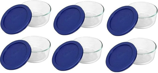 Pyrex Storage 2-Cup Round Dish, Clear with Blue Lid Case of 6 Containers