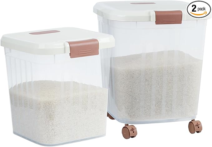 PENCK Airtight Flour Storage Bin Plastic Rice Storage Container Clear Cereal Grain Dry Food Storage Boxes with Wheels for Kitchen Pantry Countertop (20lbs&50lbs)