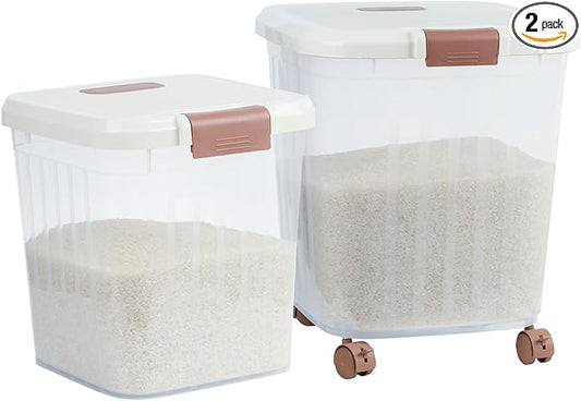 PENCK Airtight Flour Storage Bin Plastic Rice Storage Container Clear Cereal Grain Dry Food Storage Boxes with Wheels for Kitchen Pantry Countertop (20lbs&50lbs)
