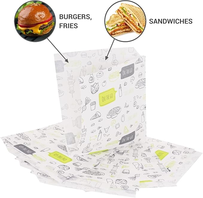 (Pack of 50) Paper Bags for Food Packaging 5.11" x 5.11" (13 x 13 cm), Greaseproof Fast Food Bags, Food Packaging, Burger Bags