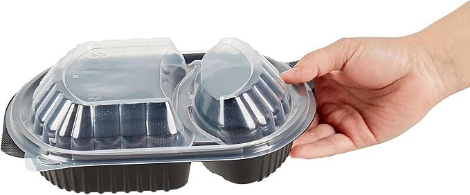 RW Base 28 Ounce Meal Prep Containers, 100 Microwavable To Go Containers With Lids - 2 Compartments, Disposable, Black Plastic Oval Food Containers, For Hot And Cold Food, Freezable - Restaurantware