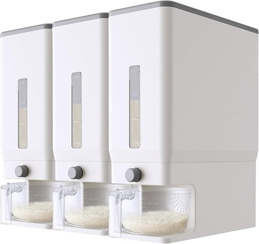 Lifewit 3 Pack Rice Dispenser 25 Lbs(11.3kg), Rice Storage Container Sealed Moisture Proof with Measuring Cup for Kitchen Pantry Household, BPA-Free, White