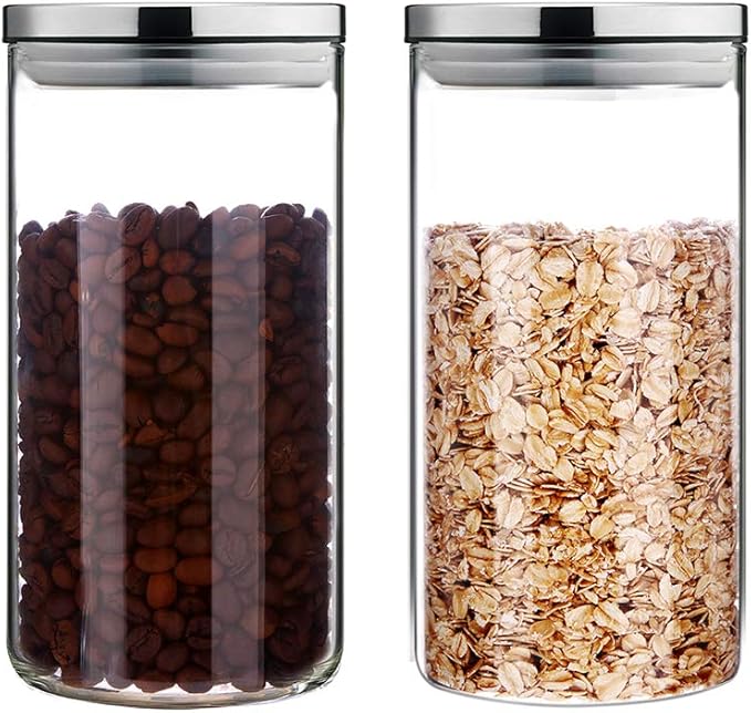 SIXAQUAE Glass Food Storage Containers Jar Stainless Steel Lids 2 Packs 1200ml Airtight Canister Organization Sets Stackable