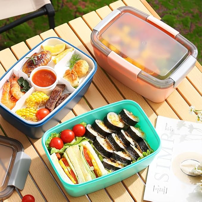 Youeon 3 Pcs 68 Oz Salad Lunch Container with 4 Compartment Tray, Bento Lunch Box with Spoon & Dressing Cup, Leakproof Salad Container for Lunch, Toppings, Snacks, Fruits, BPA-Free