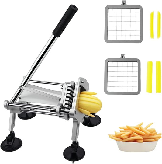 French Fry Cutter, Professional Potato Cutter Slicer with 1/2 &3/8In Stainless Steel Blades, Upgraded Suction Cups for Whole Potatoes Carrots Cucumbers