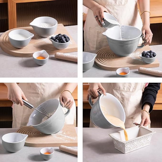 Sweejar Porcelain Mixing Bowl with Scale, Ceramic Serving Container for Kitchen, Nesting Bowl with Handle, Using for Baking, Prepping, Cooking, Set of 1(White)