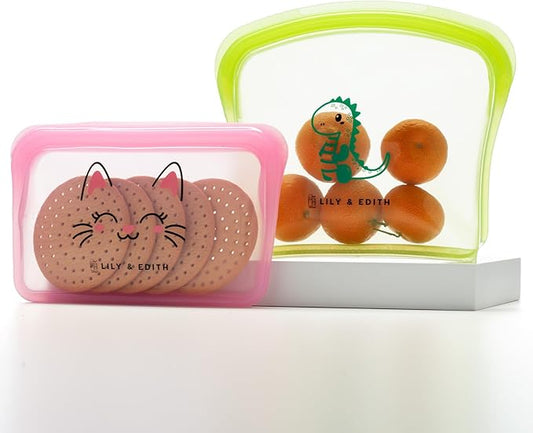 LILY & EDITH Dino Reusable Sandwich Bag/Snack Bag, Reusable Silicone Bag, Travel Pouch, BPA Free, Food-Safe Storage, Leakproof, Airtight, Dishwasher & Microwave & Freezer Safe, Cook, Store (2pk)