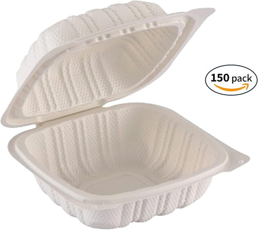 TIYA Clamshell Food Containers - White Bulk 150 Pack, 6x6 in - BPA-Free Plastic To-Go Containers - Microwavable, Hinged, Tall Takeout Clamshells - Great for Meal Prep