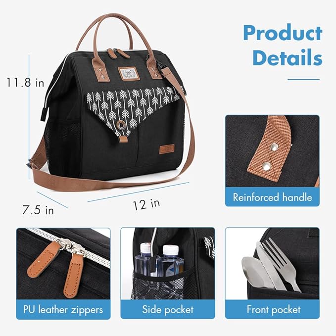 Lekesky Lunch Bags for Women Leakproof Insulated Lunch Box with Adjustable Shoulder Strap Reusable Lunch Cooler Tote Bag for Work, Picnic, Camping, 15L, Black
