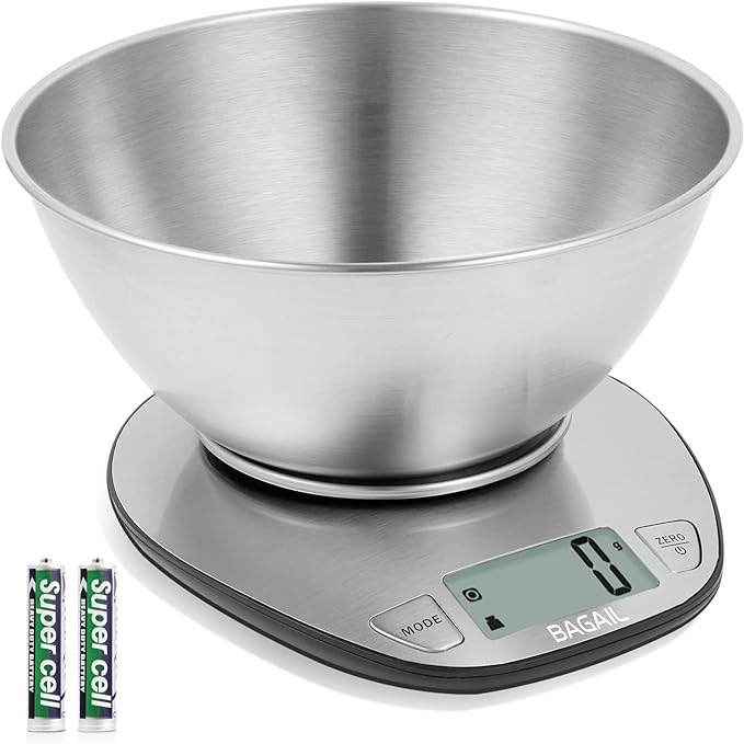 BAGAIL BASICS Electronic Kitchen Scale Premium Large Display Backing Scale Wet and Dry Food Weighing Scale with Stainless Steel Mixing Bowl - 5kg