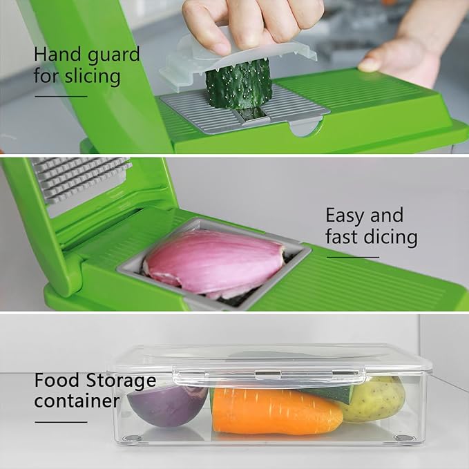 LHS Vegetable Chopper, Multifunctional Food Chopper, Pro Onion Chopper, Vegetable Slicer Dicer Cutter with 3 Blades, Veggie Chopper with Container(6-in-1,Green)