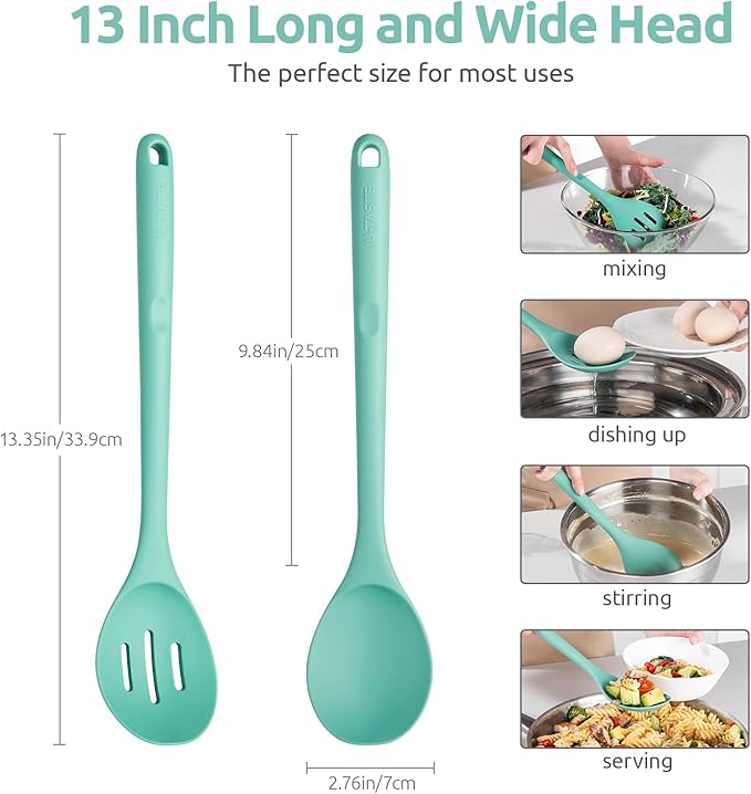 18/8 Stainless Steel Measuring Spoons Set for Dry and Liquid Ingredients (Set of 6), and 600ºF Heat Resistant Silicone Spoons, 13.3in Solid & Slotted Kitchen Mixing Tool (Aqua Sky)