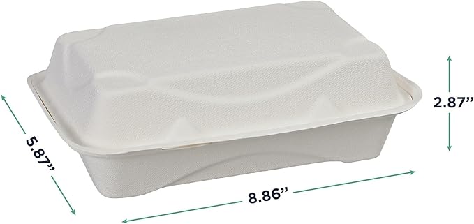 Eco-Products Compostable Vanguard 9"x6" Clamshell To Go Containers, Case of 250, Take Out Food Box, White Renewable Molded Fiber, No-Added PFAS, Grease & Cut Resistant, ASTM Compliant, BPI-Certified