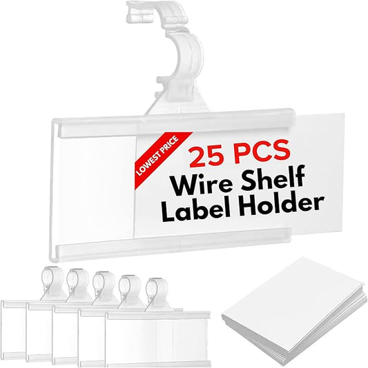 Plastic Wire Shelf Label Holder, Reusable Shelf Tags for Pantry Retail Store, Supermarket UPC Price Card & Ticket Display, Strong & Easy Clip Design Tight Snap Lock Closure. 1-1/4" H X 3" W (25)