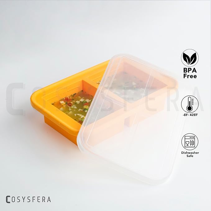 Silicone Freezer Tray with Lid – 2 Cup Portion Mold (2 Portions), Reusable Food Storage Container for Meal Prep, Soup, Sauce, Broth and Leftovers - DPA free - Microwave, Oven and Dishwasher Safe