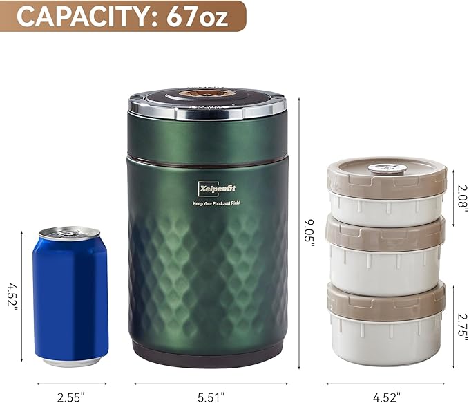 67 ozAdults Stainless Steel Vacuum Insulated Wide Mouth Soup Food Thermos Hot Food Jar with Keep Thermal Portable 3 Tier Stackable Bento Hot Food Containers Lunch Boxes (Green)