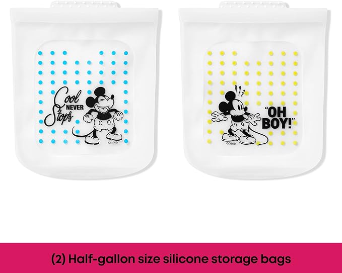 Pyrex Platinum Silicone Food Grade Reusable Storage Bag, Bundle 4-Pack Large and Small | Mickey Mouse | Eco-Friendly | Cook, Store, Sous Vide, or Freeze | Dishwasher, Freezer, and Microwave Safe