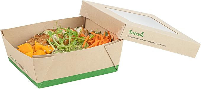 Restaurantware-27 Ounce Sturdy Paper Take Out Boxes, 200 Disposable Take Out Food Containers - With PLA lining, Paper Lid With Clear PLA Window, Bamboo Paper Containers, Compostable, Greaseproof