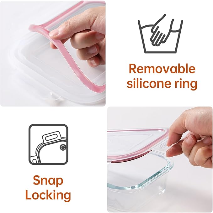 HOMBERKING 8 Pack Glass Food Storage Containers with Lids, Meal Prep Containers, Airtight Bento Boxes with Leak Proof Locking for Microwave, Oven, Freezer and Dishwasher, BPA Free, 5-35oz, Pink