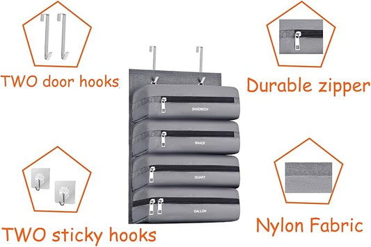 Zipper Bag Organizer Compatible with Gallon, Quart, Sandwich & Snack Food Storage Bag, Kitchen Plastic Bag Storage Organizer for Kitchen RV Camper (Grey)