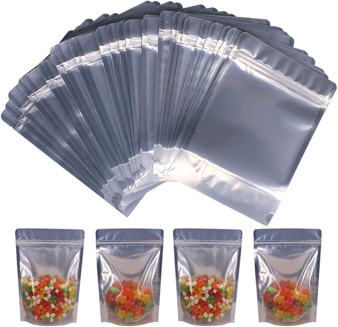 100 Pack 6.7 x 9.45 Inch Stand Up Pouch Bags Zipper Mylar Bags Clear Front with Aluminum Foil Back Reusable Food Storage Bags for Multipurpose with Gusset Bottom(5.5mil Thickness)
