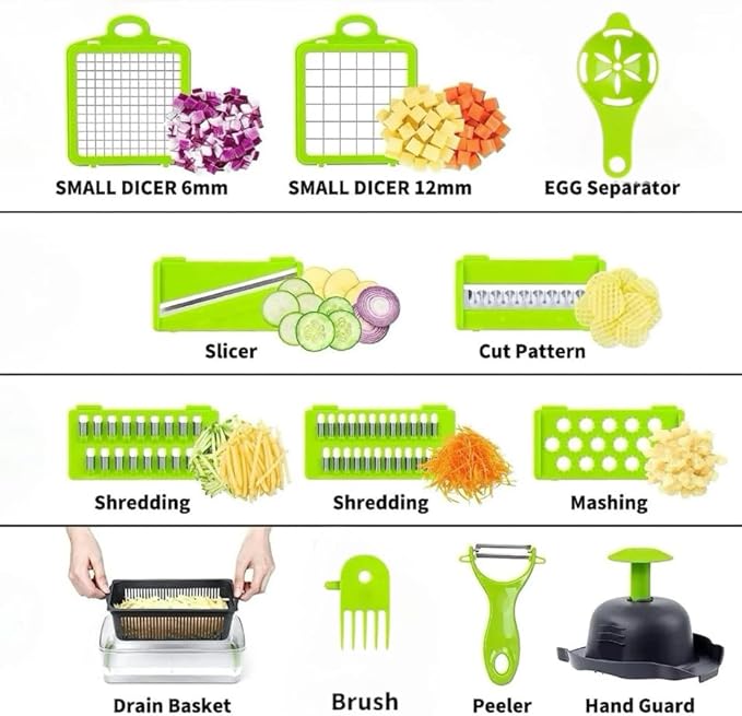 Vegetable Chopper, Food Chopper & Spiralizer, 15-in-1, 8 Stainless Steel Blades, Black