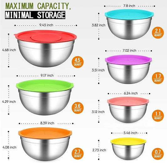 Mixing Bowls With Lids Set,Stainless Steel Mixing Bowls Set With 3 Grater,Metal Nesting Bowls For Kitchen Baking Refrigerator Meal Prep Food Organizer,7 Size(Multicolor)