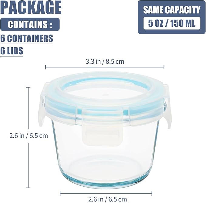 Small Glass Food Containers Set of 6, 5oz Reusable, Airtight, Leakproof Mini Food Storage Containers with Lids