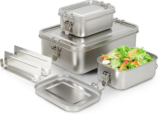 304 Stainless Steel Bento Box 3 Pack Stainless Steel Containers With Lids 2400/550/550ml,Leak-Proof & Stackable Storage Stainless Steel Food Storage Containers for Soup Salad Leftover