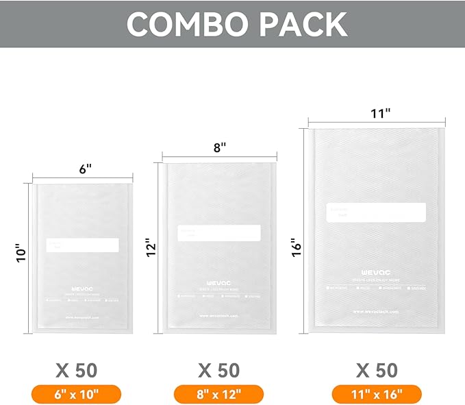 Wevac Vacuum Sealer Bags, 150 Gallon 11" x 16", and Quart 8" x 12" and Pint 6" x 10", 5 Liquid Block Bags & 5 Bone Guard Pieces, Heavy Duty for Food Storage, Sous Vide & Meal Prep, Wevac