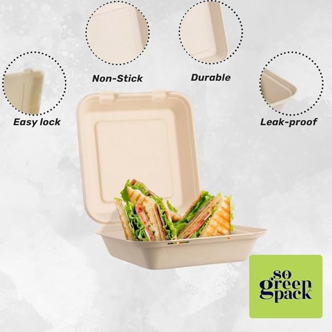 50 Packs Disposable 8x8 Clamshell Take-Out Container Compostable Biodegradable Bagasse & Eco-friendly To Go Container for Food