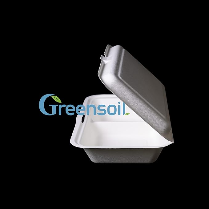 Greensoil 9x6 Compostable Clamshell Take Out Containers - 2-Compartment 100 Pack, Heavy Duty Microwavable Salad Container for Lunch, Biodegradable, BPI Certified for Food Trucks, Families, Schools