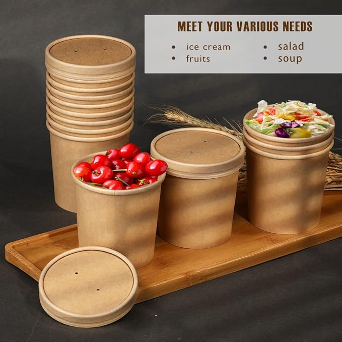 16 oz 25 Pack Paper Soup Containers with lids, Disposable Kraft Food Cups, Soup Cups Paper Ice Cream Cup, Dessert Cup, Yogurt Ice Cream Containers. Great For Restaurants, Take Outs, or To-Go Lunch
