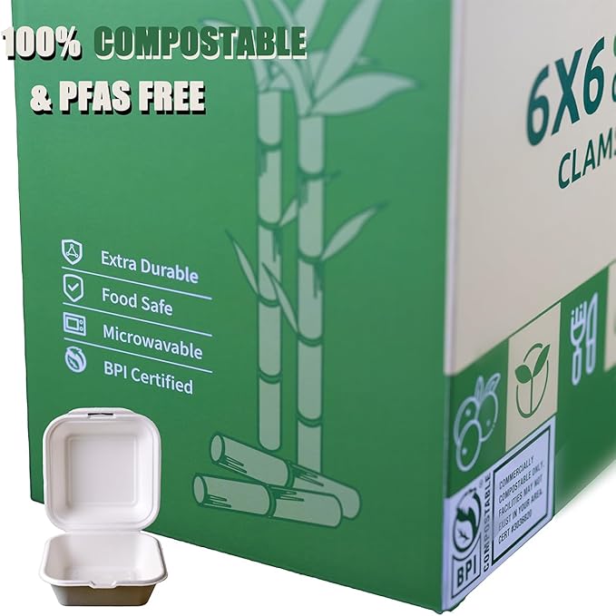 Greensoil 6x6 Compostable To Go Containers - 1-Compartment 100 Pack, Heavy Duty Clamshell Take Out Containers, PFAS-Free, Microwave & Freezer Safe, BPI Certified for Salad, Cake, Sandwiches, Lunch