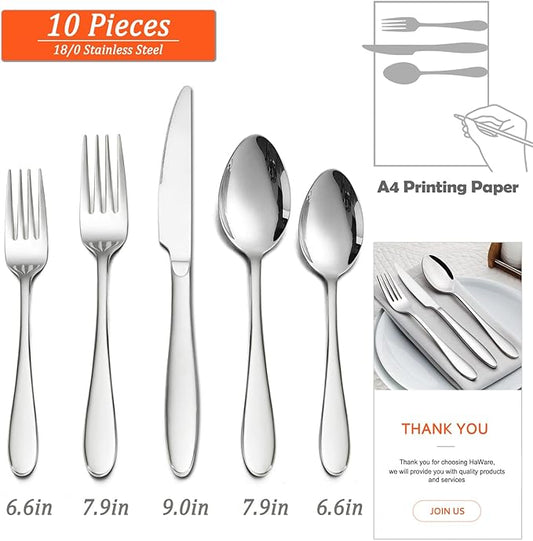HaWare Silverware Set, 10-Piece Flatware Set, Stainless Steel Cutlery Set for Couples/Singles/Students, Service for 2, Mirror Polished, Dishwasher Safe