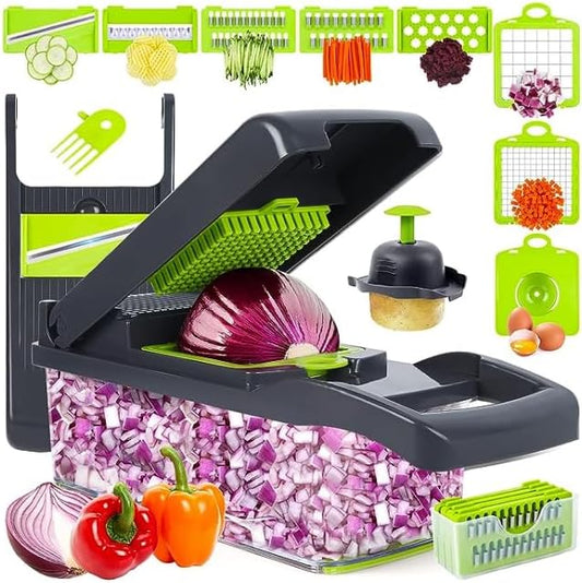 Professional Multifunctional Vegetable Chopper, 16-in-1 Vegetable Chopper and Slicer, Adjustable Vegetable Cutter with Container, Large, Gray
